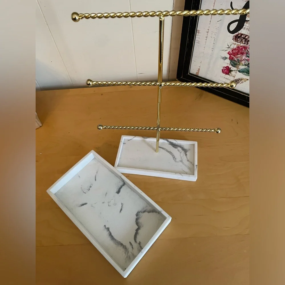 Gold and White Vanity Tray and Jewelry Holder with Faux Marble Finish